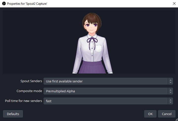 Spout2 Capture source Properties in OBS.